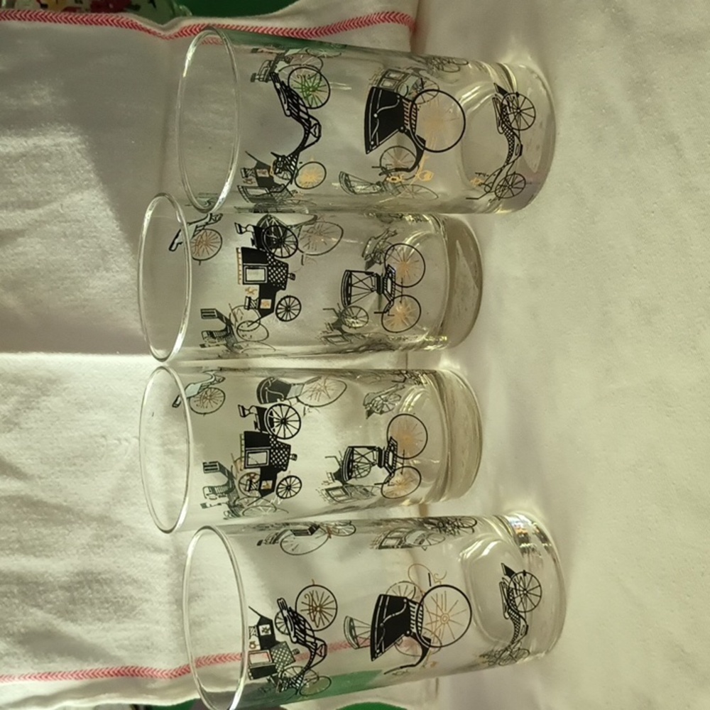 Vintage Libbey Black & Gold Antique Buggy Cars Drinking Glasses Set Of 4 MCM